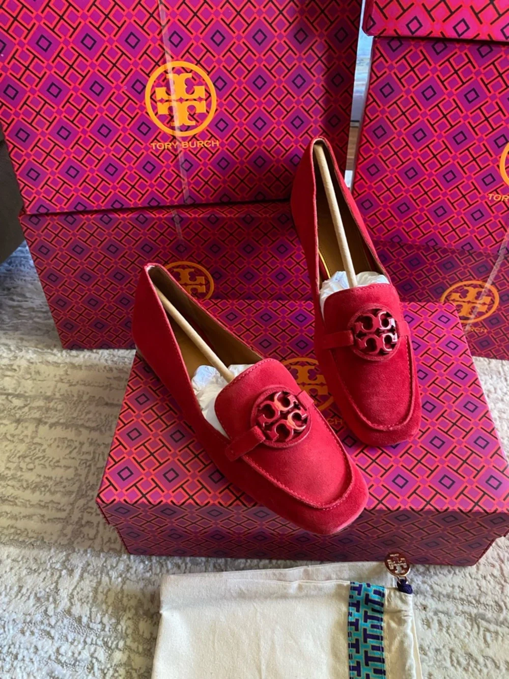 Tory Burch Red Suede Metal Miller Loafers